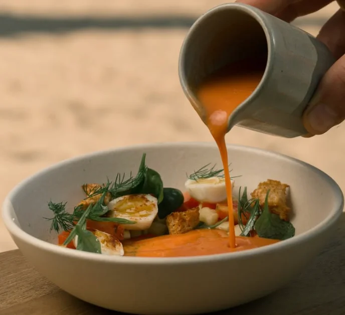 Mediterranean roots, serving a refreshing gazpacho